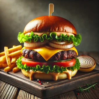 DALL·E 2024-12-09 19.06.36 – A high-quality gourmet burger styled for a restaurant menu, featuring a perfectly grilled beef patty, melted cheddar cheese, crisp lettuce, juicy toma burger